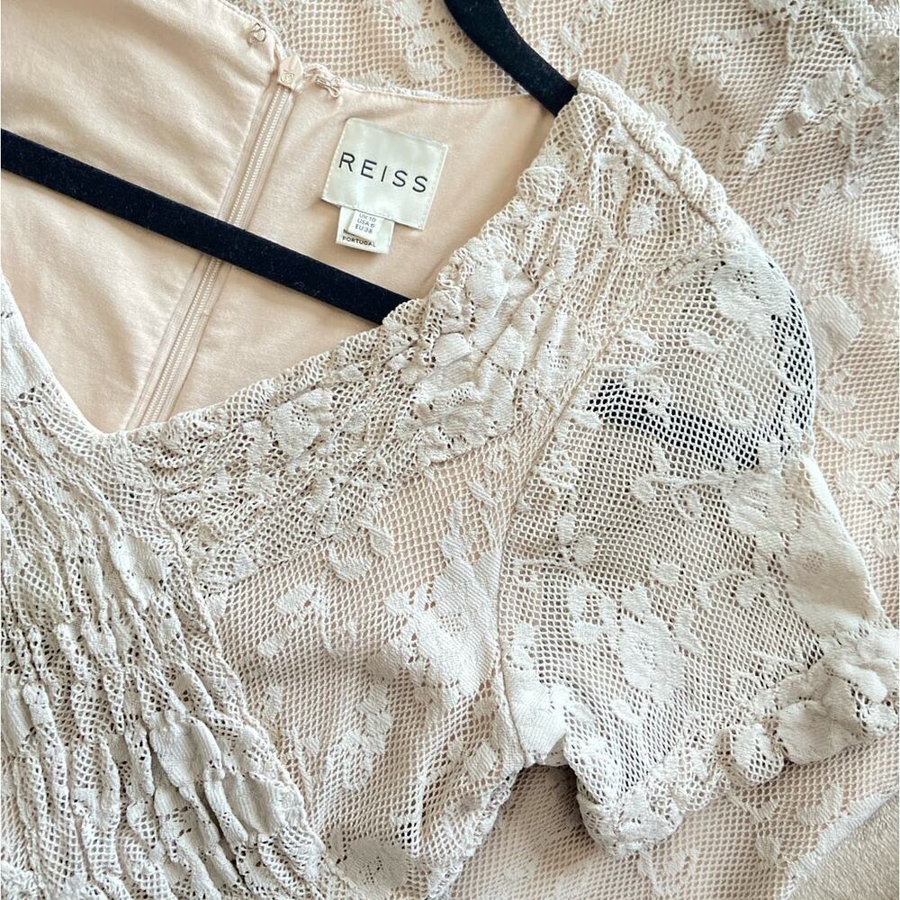 REISS Gardena Champagne Nude Lace Ruched Short Sleeve Bodycon Dress Size 6